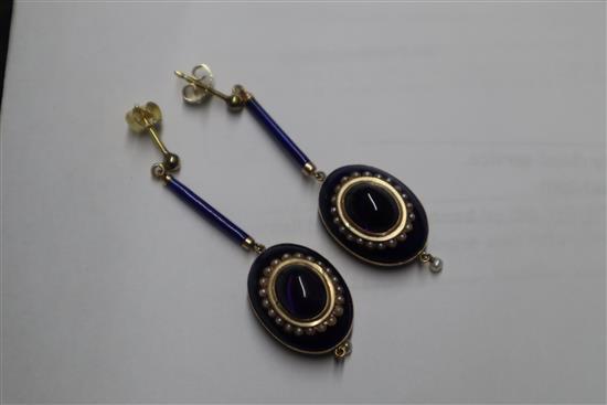 Five assorted pairs of earrings including pietra dura, enamel and gem set bug earrings, a swallow brooch and spider brooch.